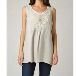 Cal Style XL Linen Blend Crochet Scooop Neck Tank Top Cream Oatmeal Bohemian